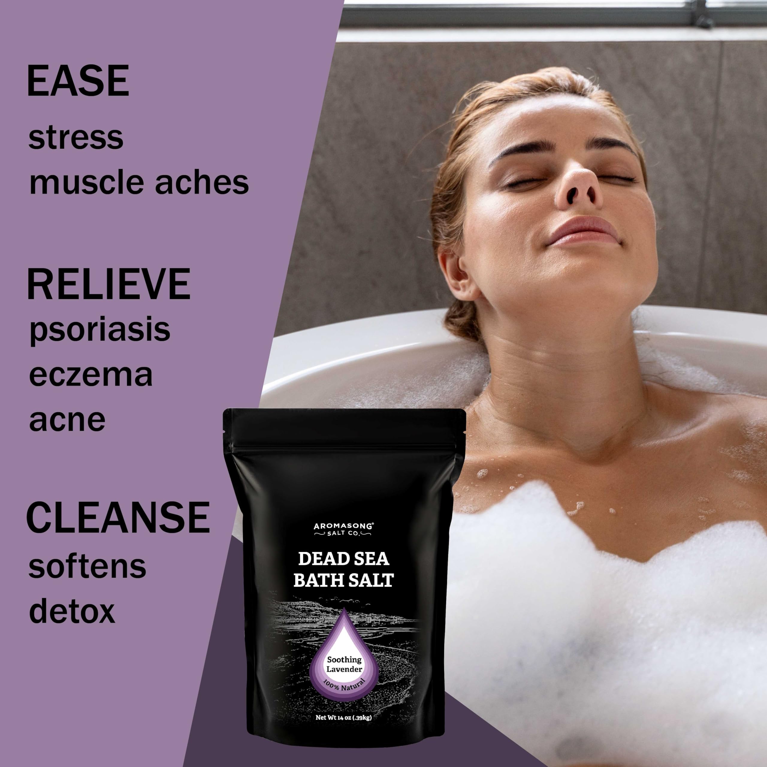 Pure Dead Sea Salt for Soaking with 100% Natural Lavender – 14 Oz. Spa Bath Salt Fine Grain in Resealable Pack - Used for Body Wash Scrub - Soak for Women & Men.